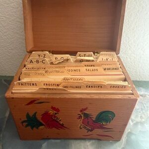 Rustic Wooden Recipe Box with Rooster Motif
